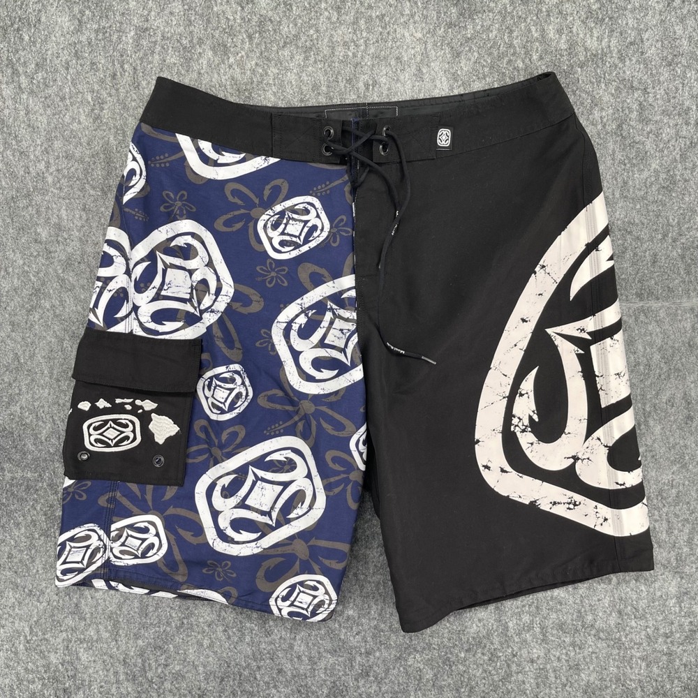 Maui Built Board Shorts Mens 34 Black Blue Tribal Hook Floral Swim Trunks Hawaii